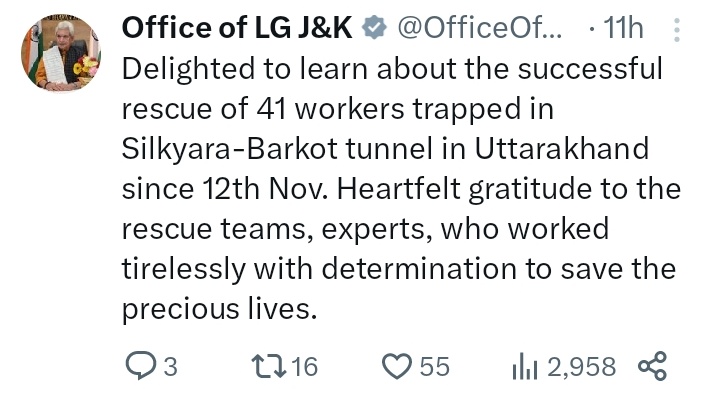 LG Manoj Sinha expresses joy over successful rescue of workers trapped in Uttarakhand tunnel collapse