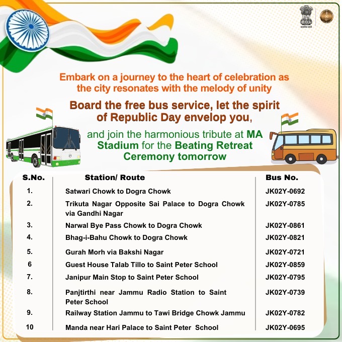 Embark on a journey to the heart of celebration as the city resonates with the melody of unity. Board the free bus service, let the spirit of Republic Day envelop you, and join the harmonious tribute at MA Stadium for the Beating Retreat Ceremony tomorrow.