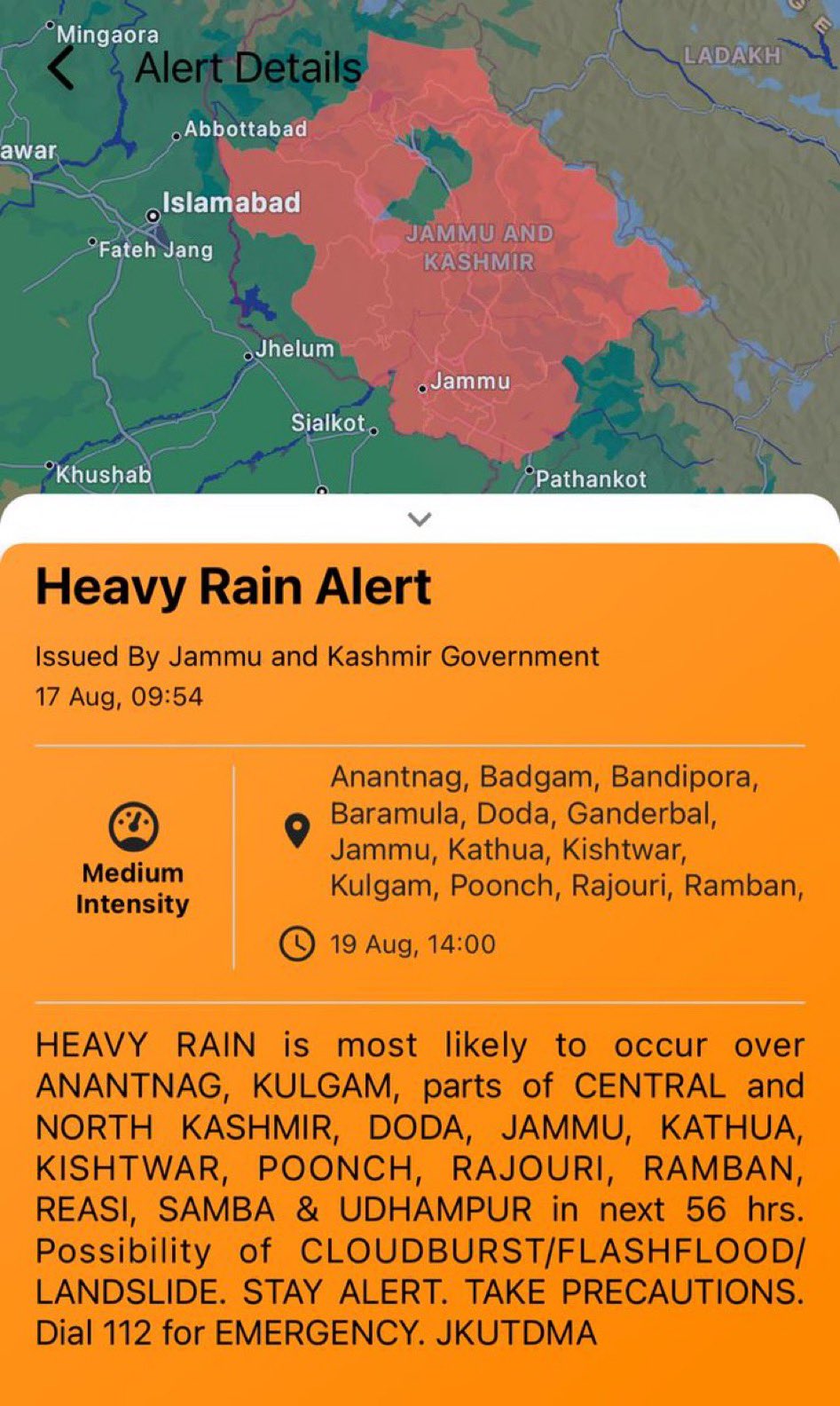 HEAVY RAIN is most likely to occur over Anantnag, Kulgam, parts of Central and NORTH KASHMIR, DODA & Jammu, Kathua, Kishtwar, Pooch, Rajouri, Ramban, Reasi, Samba & Udhampur in next 56 hrs. Possibility of CLOUDBURST/FLASHFLOOD/LANDSLIDE. STAY ALERT. TAKE PRECAUTIONS. HEAVY RAIN is most likely to occur over Anantnag, Kulgam, parts of Central and NORTH KASHMIR, DODA & Jammu, Kathua, Kishtwar, Pooch, Rajouri, Ramban, Reasi, Samba & Udhampur in next 56 hrs. Possibility of CLOUDBURST/FLASHFLOOD/LANDSLIDE. STAY ALERT. TAKE PRECAUTIONS.