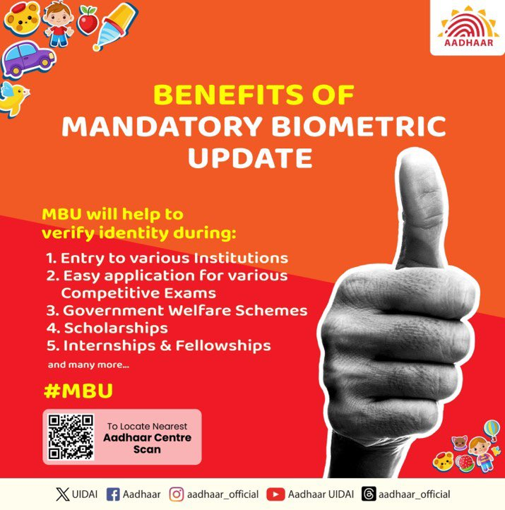 UIDAI Calls on Schools across India to Ensure Timely Aadhaar Mandatory Biometric Updates (MBU) for Children in the age group of 5 to 15 years. UIDAI Calls on Schools across India to Ensure Timely Aadhaar Mandatory Biometric Updates (MBU) for Children in the age group of 5 to 15 years.