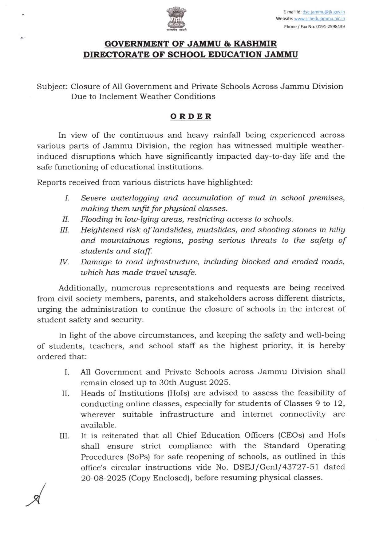 Heavy Rains: All Schools in Jammu Division Closed Till Aug 30 for Safety Heavy Rains: All Schools in Jammu Division Closed Till Aug 30 for Safety