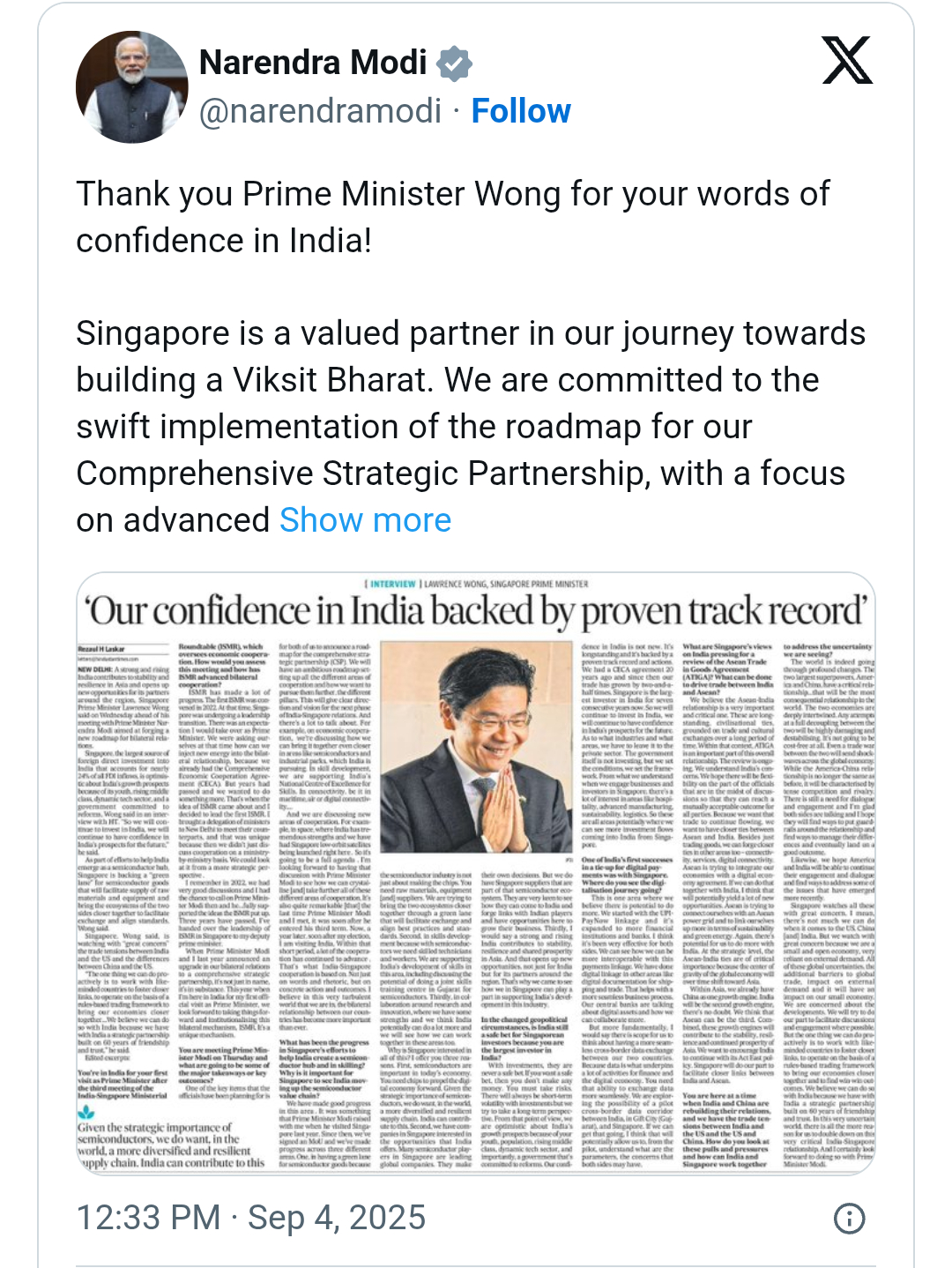 Prime Minister thanks Prime Minister of Singapore, Lawrence Wong for his words of confidence in India Prime Minister thanks Prime Minister of Singapore, Lawrence Wong for his words of confidence in India