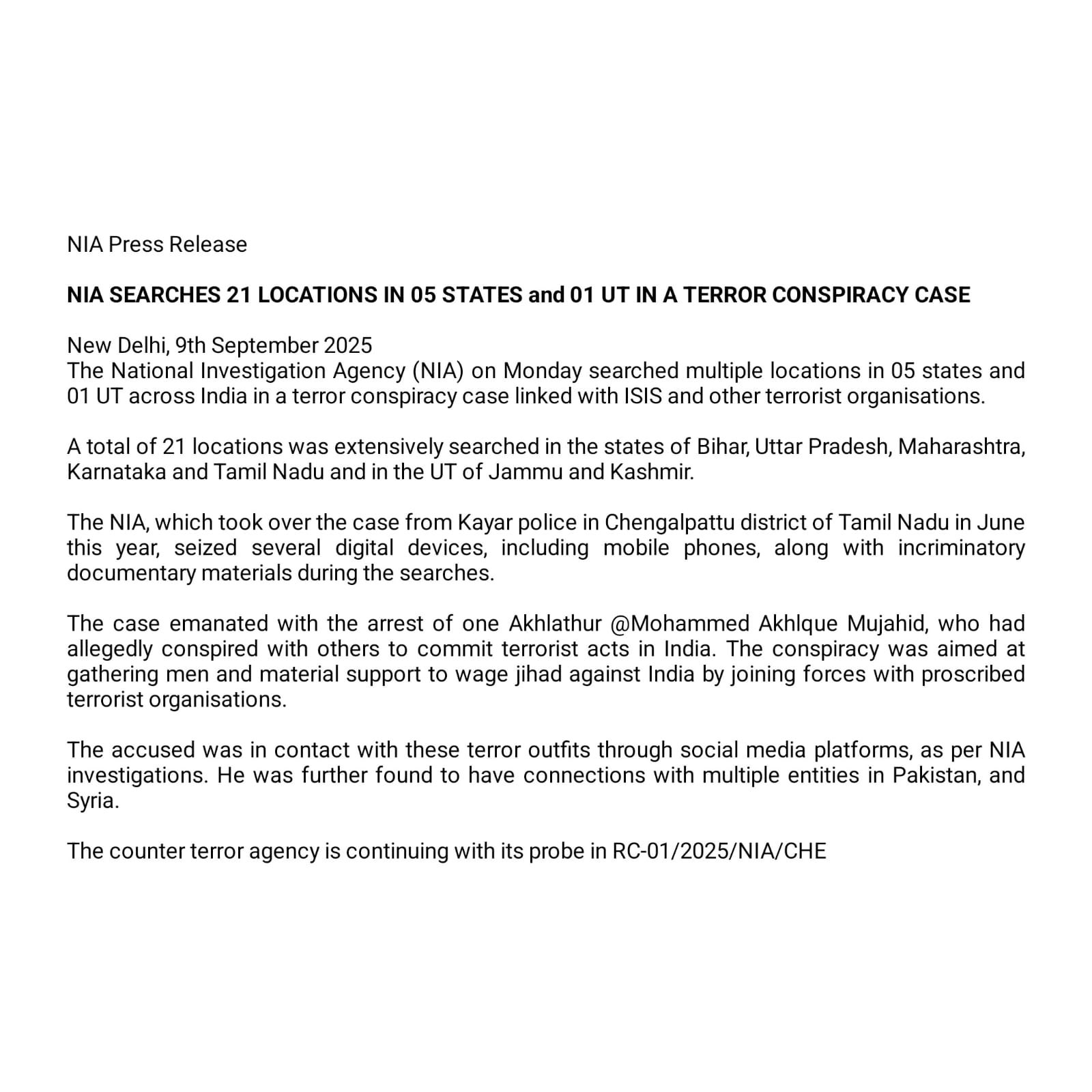 NIA Searches 21 Locations in 05 States and 01 UT in a Terror Conspiracy Case