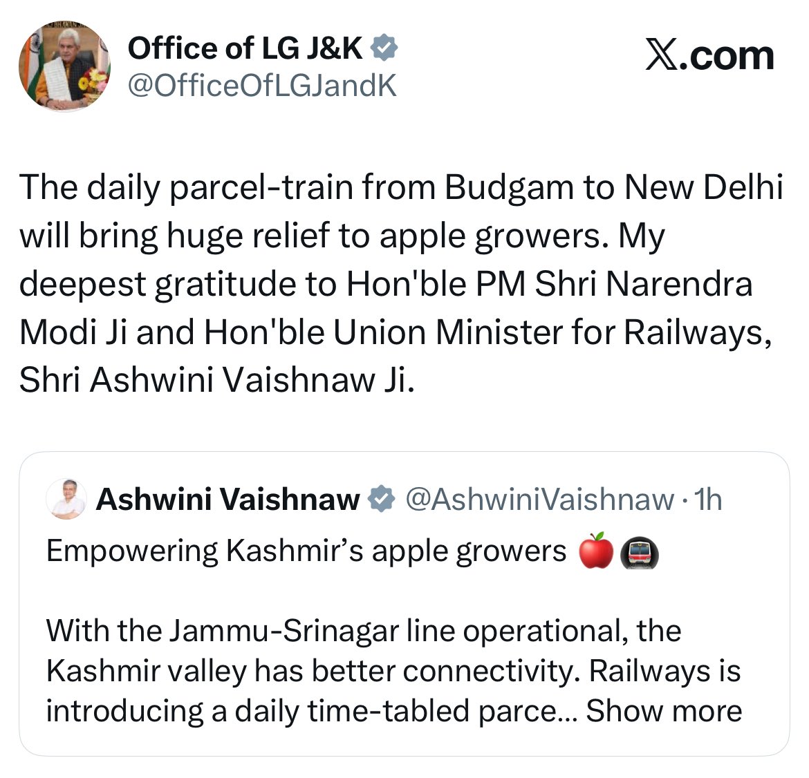 Good News for Kashmir Apple 🍎 Growers: Indian Railways Begins Loading of Fresh Apples Today on Two Parcel Vans, Each Consisting of Eight Wagons, to Bring Apples to Delhi Market.More Wagons to be Added if Demand Increases, Says Indian Railways; Daily Parcel Train to be Introduced from September 13 Between Badgam in Kashmir and Adarsh Nagar in Delhi. Good News for Kashmir Apple 🍎 Growers: Indian Railways Begins Loading of Fresh Apples Today on Two Parcel Vans, Each Consisting of Eight Wagons, to Bring Apples to Delhi Market.More Wagons to be Added if Demand Increases, Says Indian Railways; Daily Parcel Train to be Introduced from September 13 Between Badgam in Kashmir and Adarsh Nagar in Delhi.