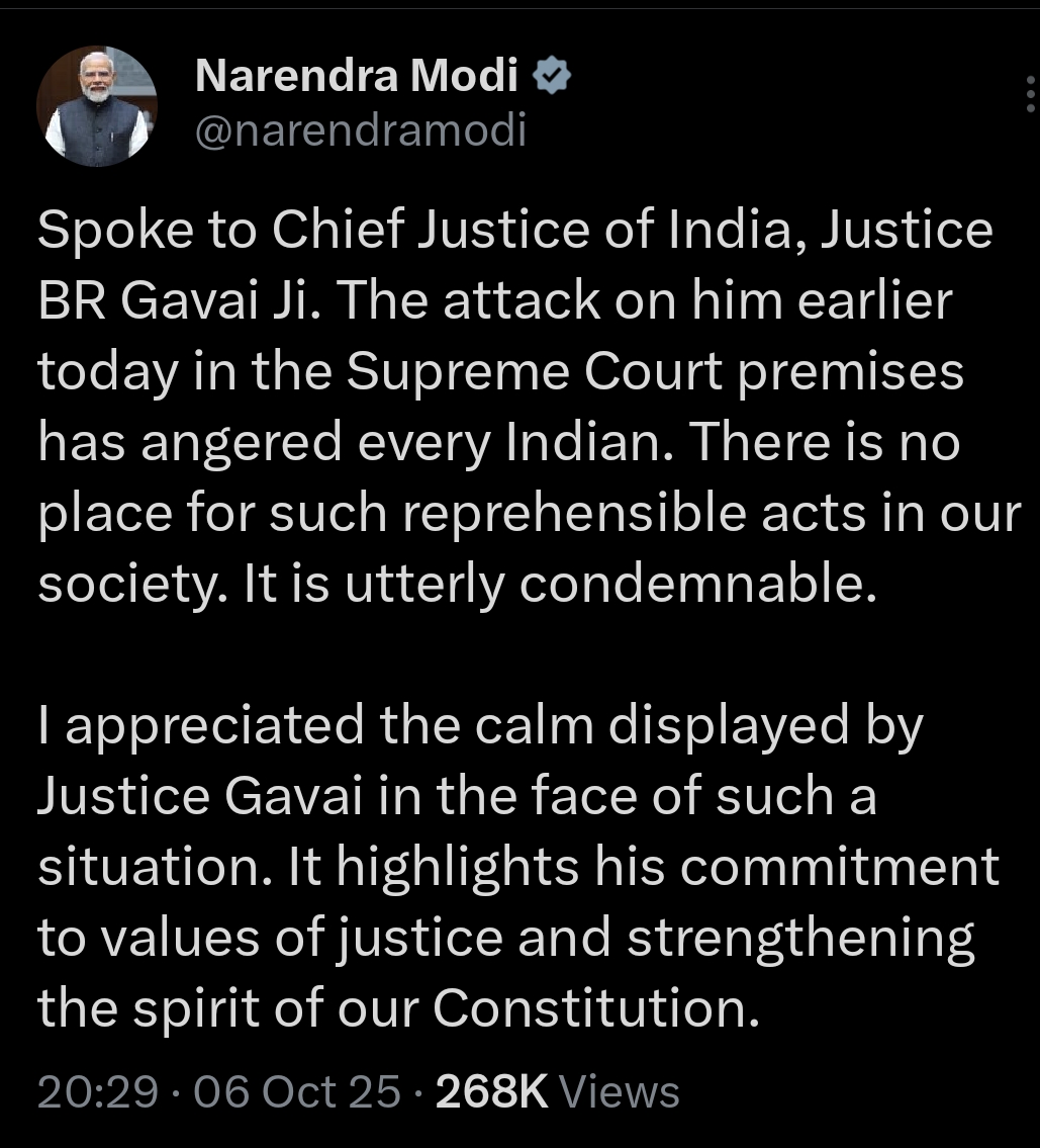 Prime Minister Condemns Attack on Chief Justice of India, Justice BR Gavai Ji Prime Minister Condemns Attack on Chief Justice of India, Justice BR Gavai Ji