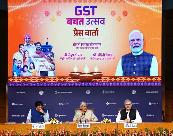 Union Minister for Finance and Corporate Affairs Smt. Nirmala Sitharaman; Union Minister for Commerce and Industry Shri Piyush Goyal; and Union Minister for Minister for Railways, Information & Broadcasting, Electronics & Information Technology Shri Ashwini Vaishnaw hold joint press conference on GST Bachat Utsav in New Delhi, today Union Minister for Finance and Corporate Affairs Smt. Nirmala Sitharaman; Union Minister for Commerce and Industry Shri Piyush Goyal; and Union Minister for Minister for Railways, Information & Broadcasting, Electronics & Information Technology Shri Ashwini Vaishnaw hold joint press conference on GST Bachat Utsav in New Delhi, today
