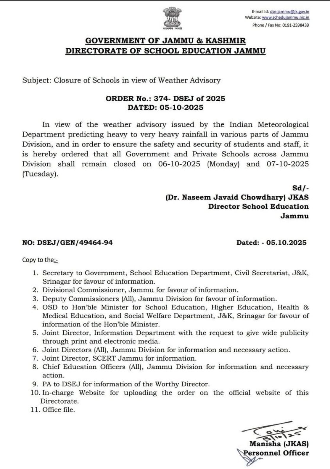 All Schools In Jammu Division To Remain Closed On 6, 7 October Amid Inclement Weather Forecast: DSEJ All Schools In Jammu Division To Remain Closed On 6, 7 October Amid Inclement Weather Forecast: DSEJ