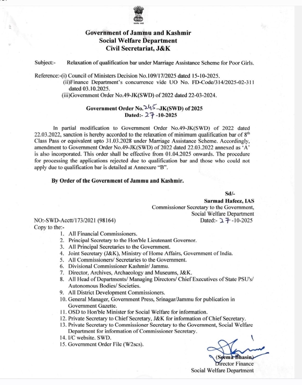 J&K Govt Removes Educational Qualification Requirement for Marriage Assistance Scheme J&K Govt Removes Educational Qualification Requirement for Marriage Assistance Scheme
