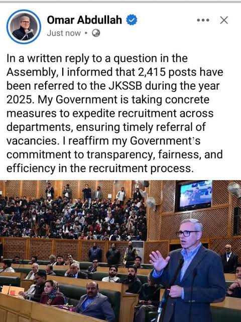Omar Abdullah Announces 2,415 Vacancies Sent to JKSSB Omar Abdullah Announces 2,415 Vacancies Sent to JKSSB