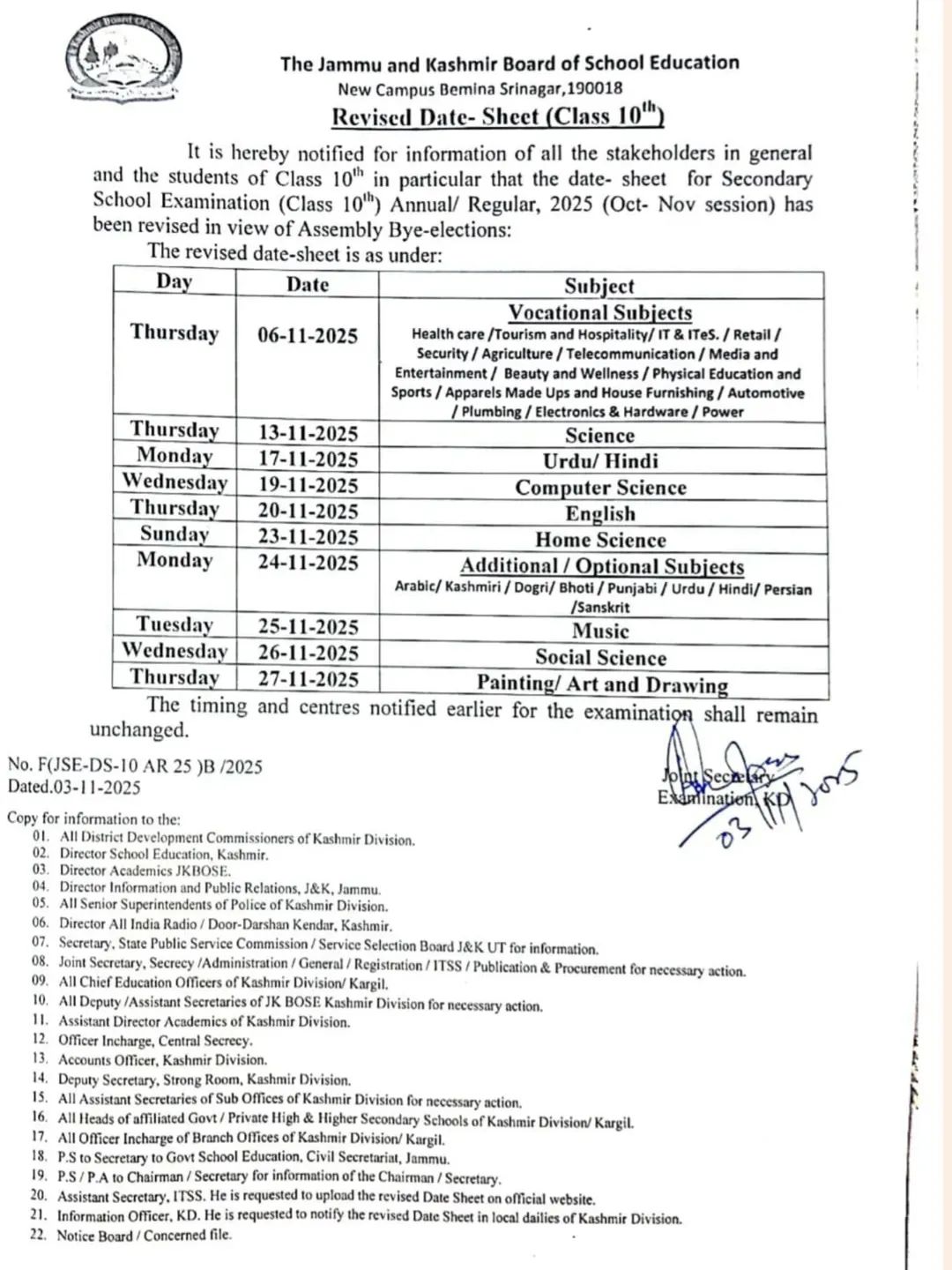 JKBOSE Revises Class 10 Exam Date Sheet in View of J&K Bye-Elections