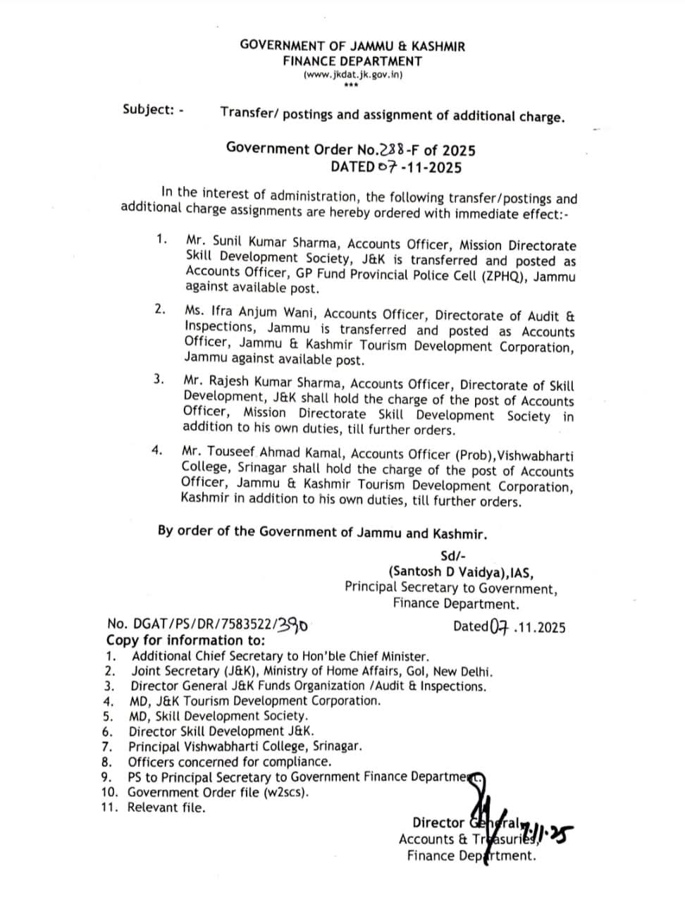 J&K Finance Department Orders Transfers and Additional Charge Assignments of Accounts Officers J&K Finance Department Orders Transfers and Additional Charge Assignments of Accounts Officers