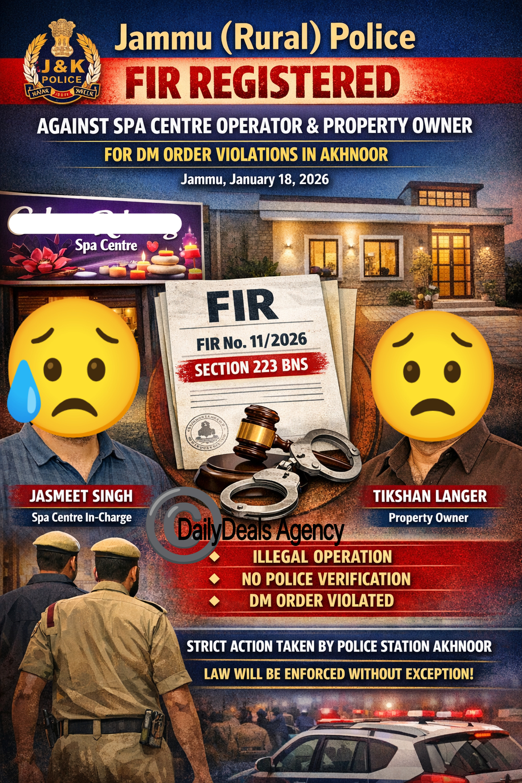 Jammu (Rural) Police Register FIR Against Spa Centre Owner and Owner of Property for Violations of District Magistrate Order in Akhnoor.