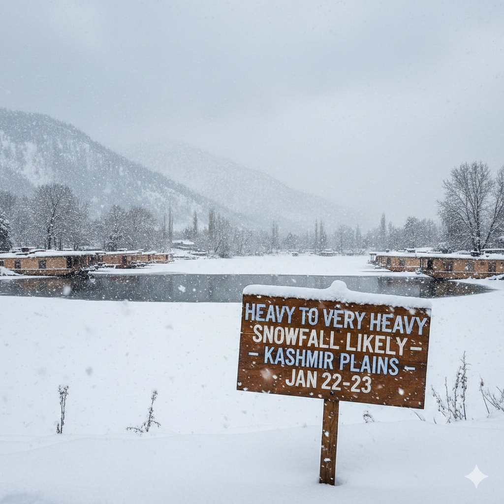 Heavy to Very Heavy Snowfall Likely in Kashmir Plains on January 22–23 Heavy to Very Heavy Snowfall Likely in Kashmir Plains on January 22–23
