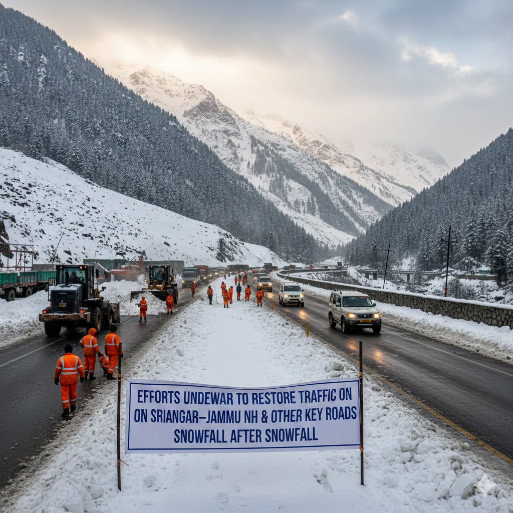 Efforts Underway to Restore Traffic on Srinagar–Jammu NH and Other Key Roads After Snowfall