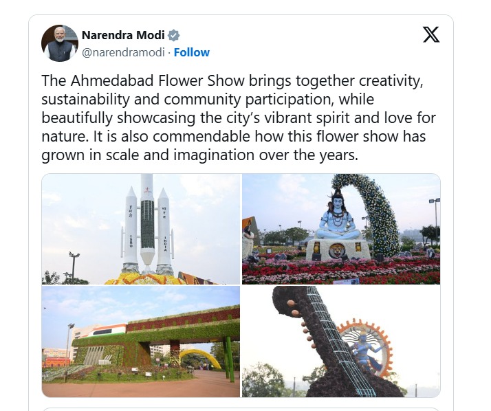Prime Minister Lauds Ahmedabad Flower Show as a Celebration of Creativity, Sustainability, and Community Spirit