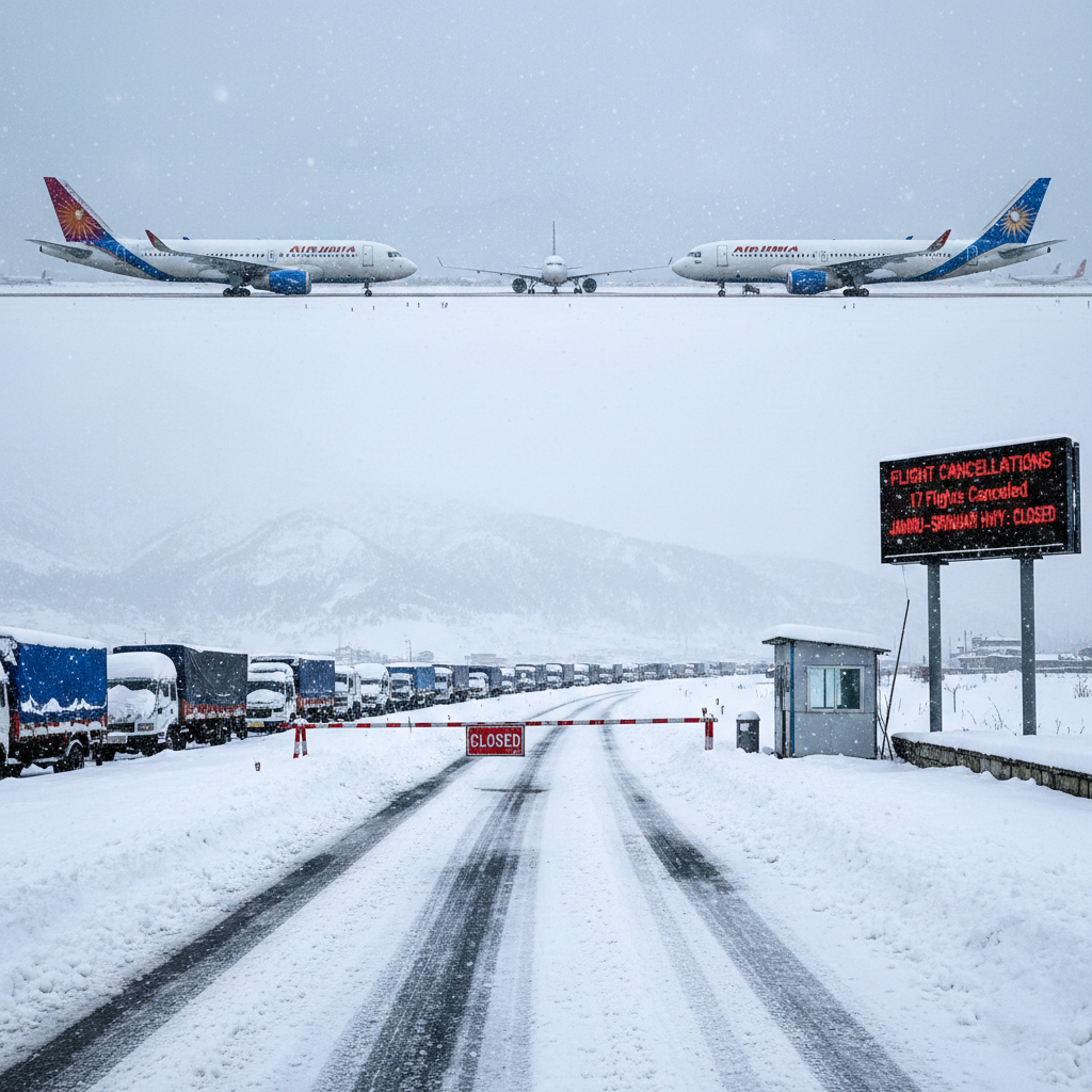 Snowfall Disrupts Transport in Kashmir; Jammu–Srinagar Highway Closed, 17 Flights Cancelled