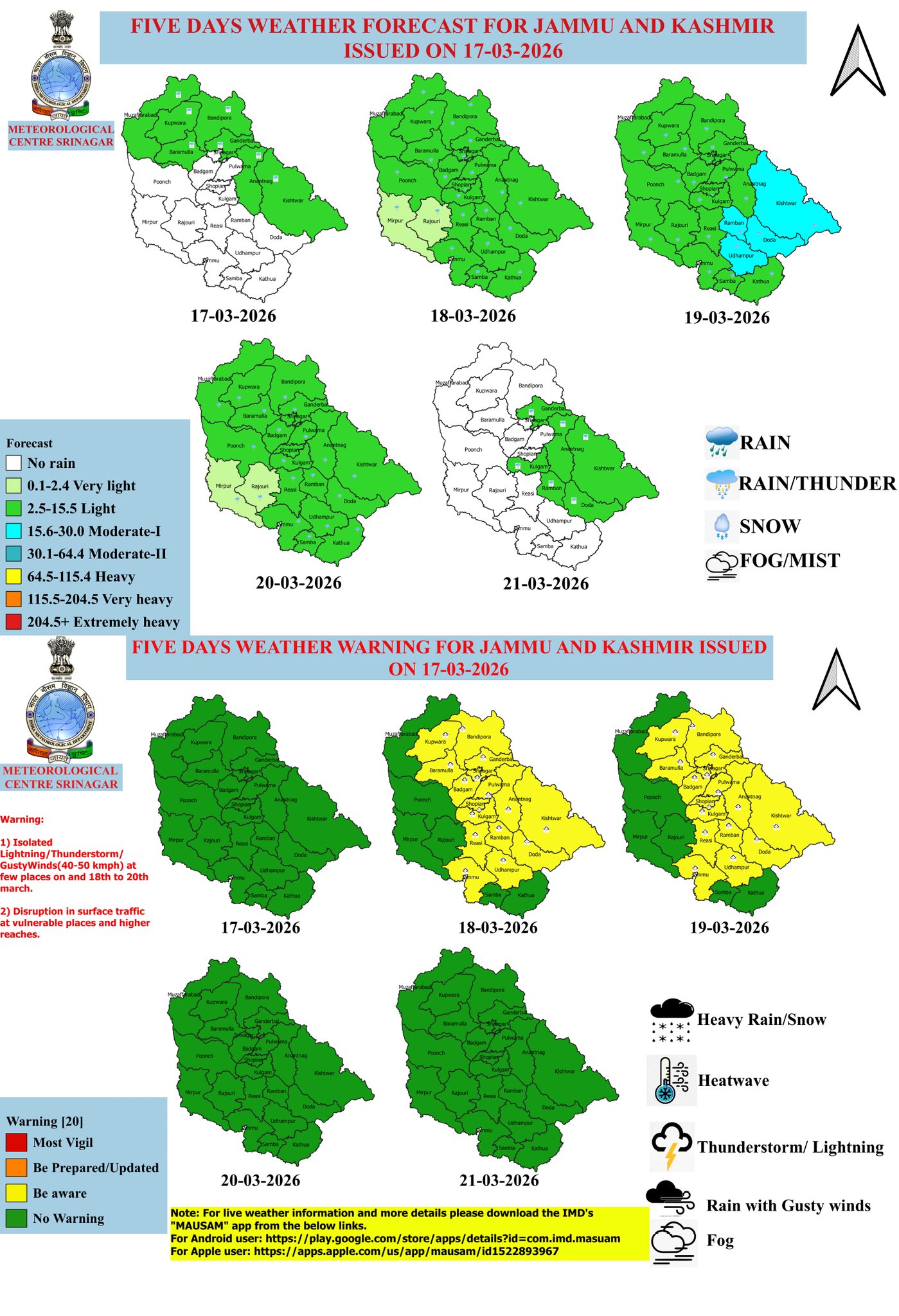 𝙒𝙚𝙖𝙩𝙝𝙚𝙧 𝙐𝙥𝙙𝙖𝙩𝙚 𝙅&𝙆●18-20 March:Intermittent light to moderate rain/snow (higher reaches) at most places.●Few higher reaches of Chenab valley & South KMR may receive moderate/heavy snowfall.●21-25March:Generally dry●26-28March:Light rain/snow at many places.