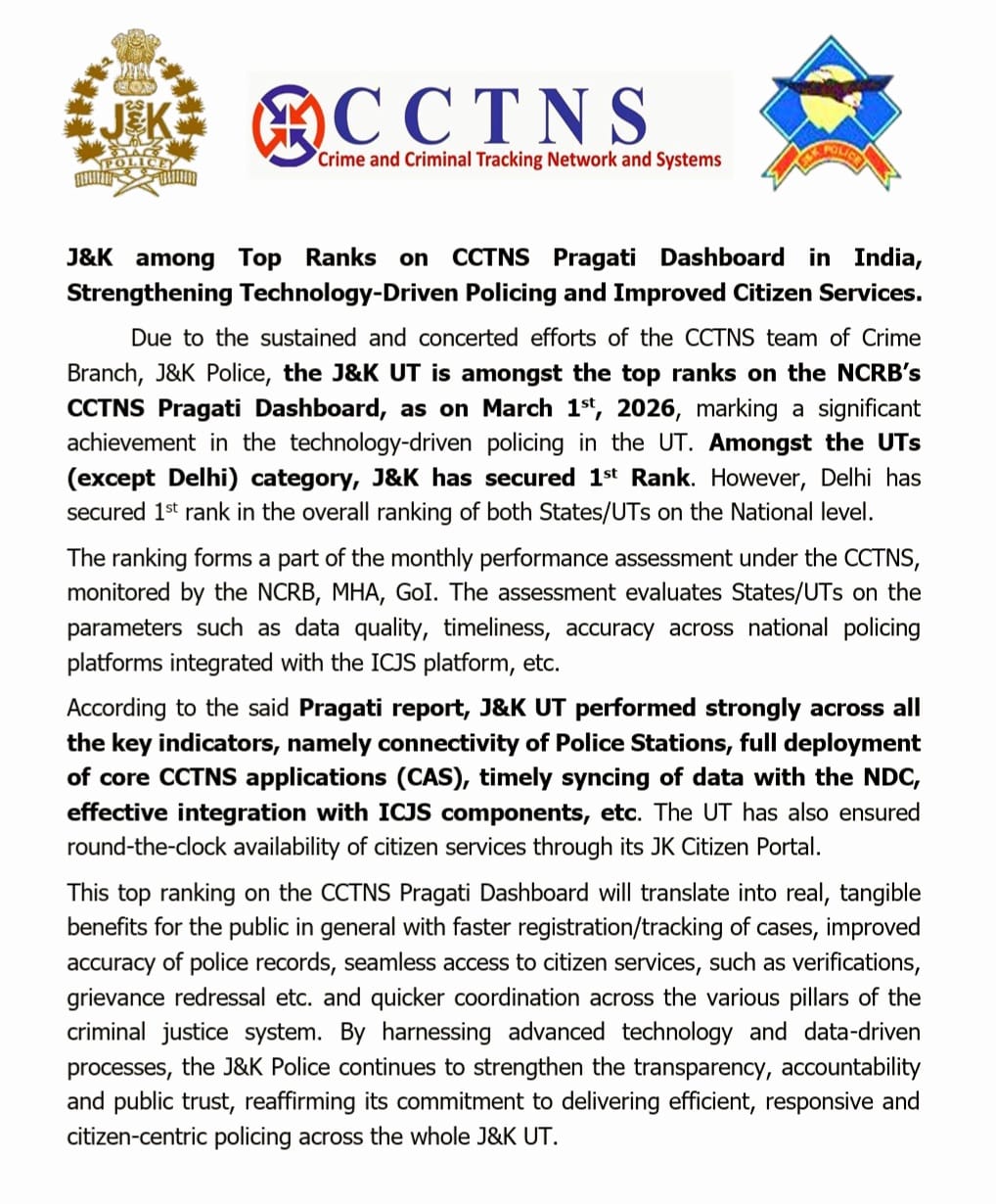J&K among Top Ranks on CCTNS Pragati Dashboard in India, Strengthening Technology-Driven Policing and Improved Citizen Services. J&K among Top Ranks on CCTNS Pragati Dashboard in India, Strengthening Technology-Driven Policing and Improved Citizen Services.