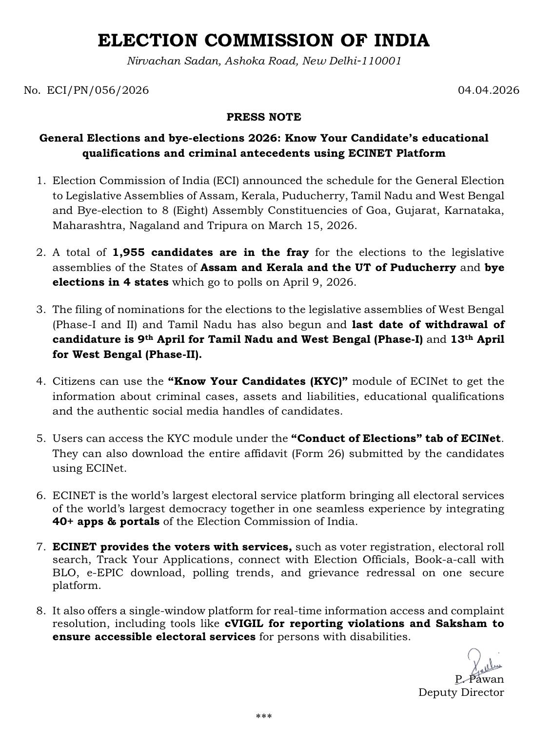 General Elections and bye-elections 2026: Know Your Candidate’s educational qualifications and criminal antecedents using ECINET Platform.