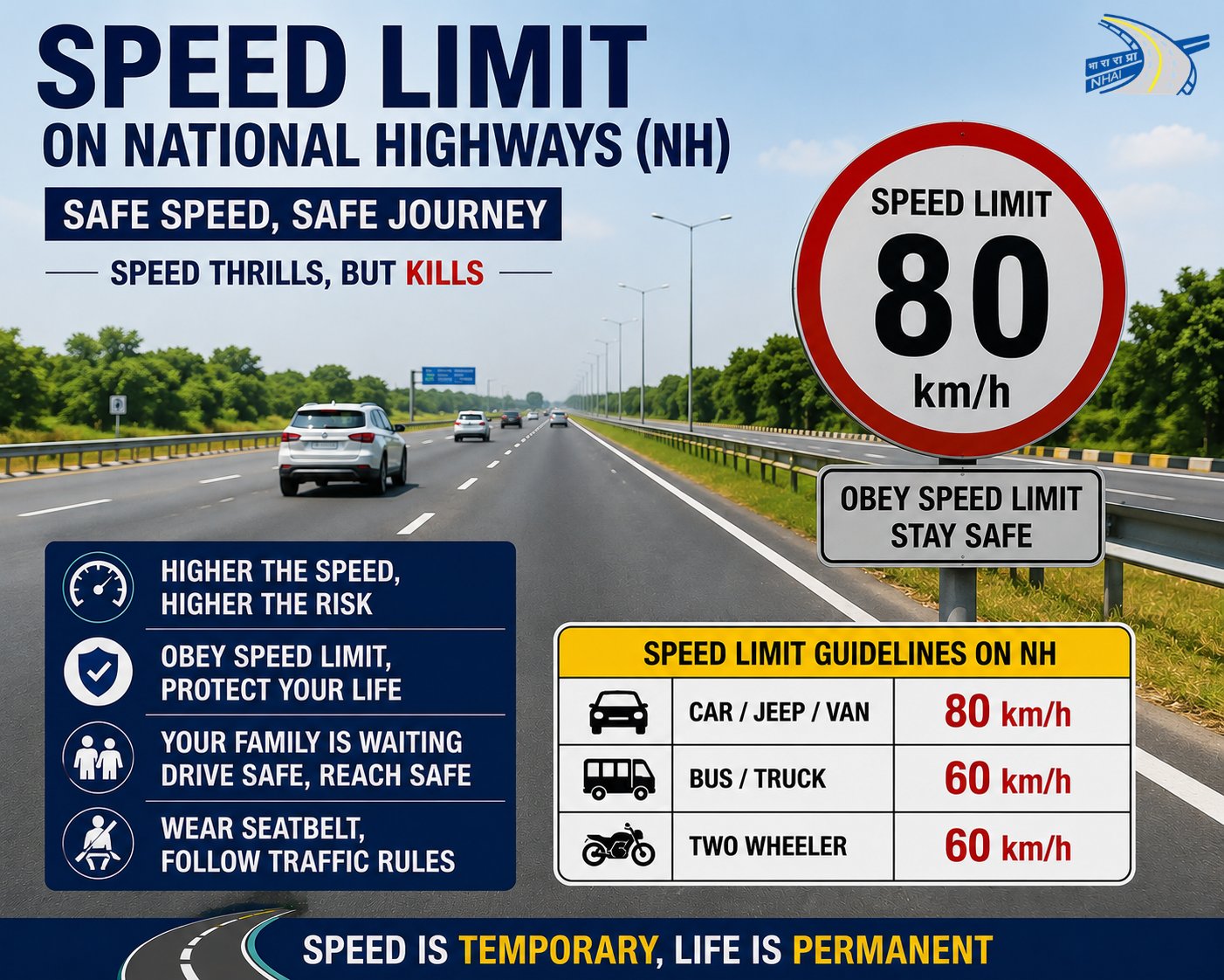 Drive Safe… Arrive Safe.Overspeeding on highways can cost lives. The number written on the board is there for a reason. Follow speed limits, wear seatbelts, and drive responsibly for a safe journey.