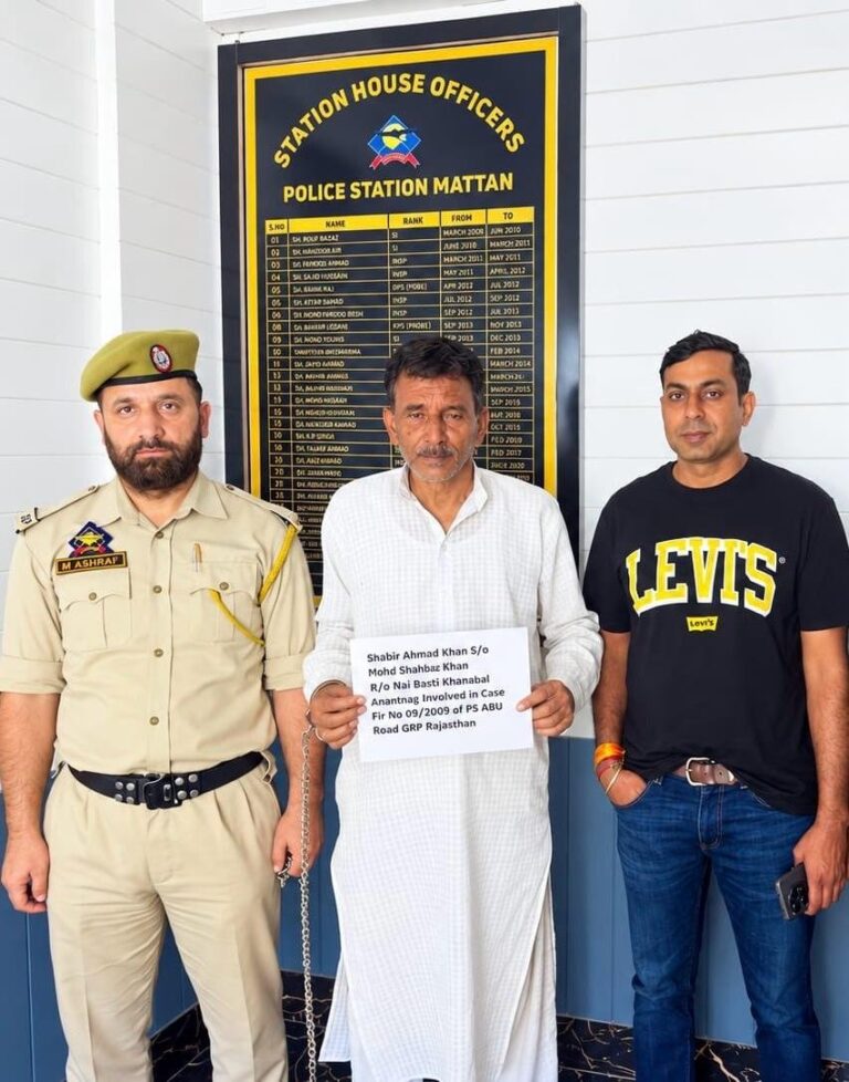Anantnag Police along with Rajasthan police apprehended absconder Shabir Ahmad Khan S/o Mohd Shahbaz Khan R/o Khanabal, A/P Gopalpora Mattan, wanted since 2009 in FIR No. 09/2009 GRP Abu Road Sirohi Rajasthan under NDPS Act for 4.5 Kg Charas. Warrant issued by NDPS Court Sirohi