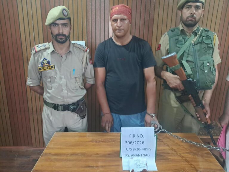 Continuing its war against the drug menace, Anantnag Police arrested one more drug peddler near Bypass Library and recovered 4.30 gms charas. FIR No. 306/2026 u/s 8/20 NDPS Act registered at PS Anantnag