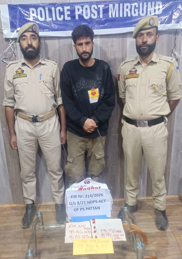 Baramulla Police apprehended a suspected drug peddler at Devar and recovered 02 grams heroin-like substance, a mobile phone and ₹4,000 cash. FIR No. 214/2026 u/s 8/21 NDPS Act registered at PS Pattan; investigation underway