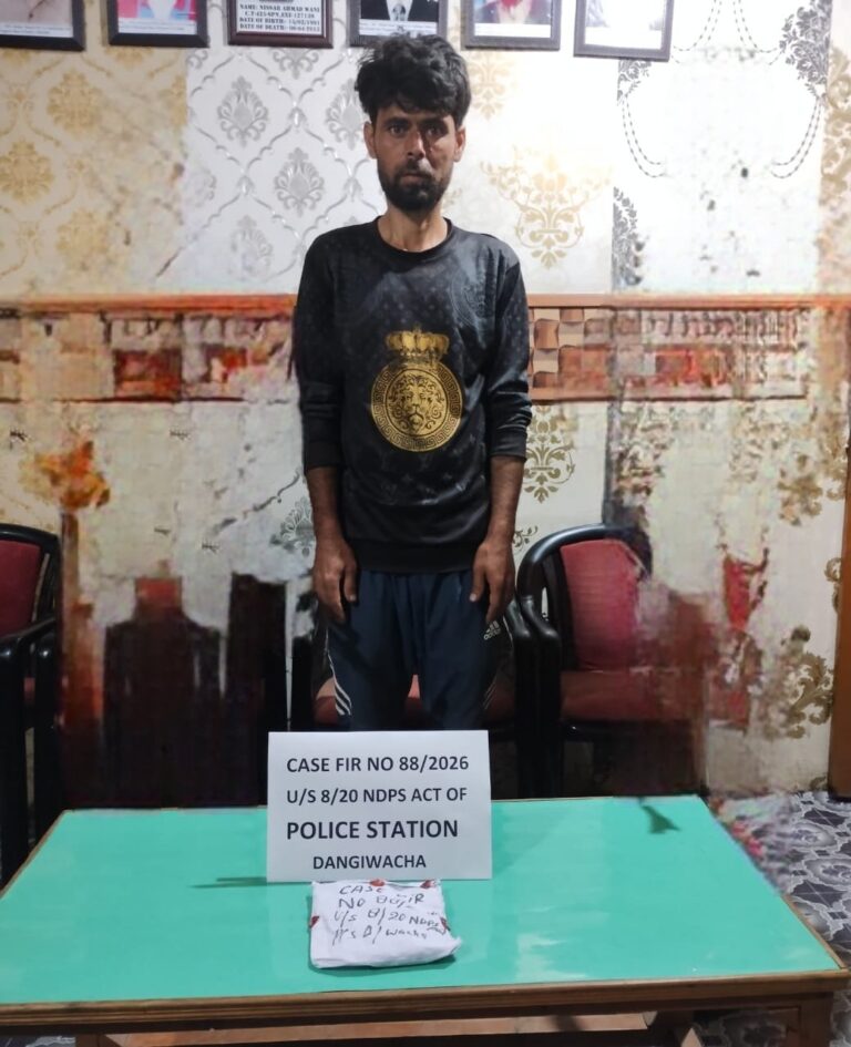 Sopore Police apprehended a drug peddler at Malgonipora and recovered contraband substance. FIR registered under the NDPS Act.