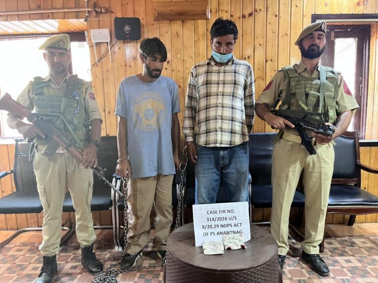 Anantnag Police arrested two drug peddlers at Dugga Petrol Pump, Naibasti Khanabal. 10.31 grams of charas recovered. FIR No. 314/2026 U/S 8/20-29 NDPS Act registered at PS Anantnag