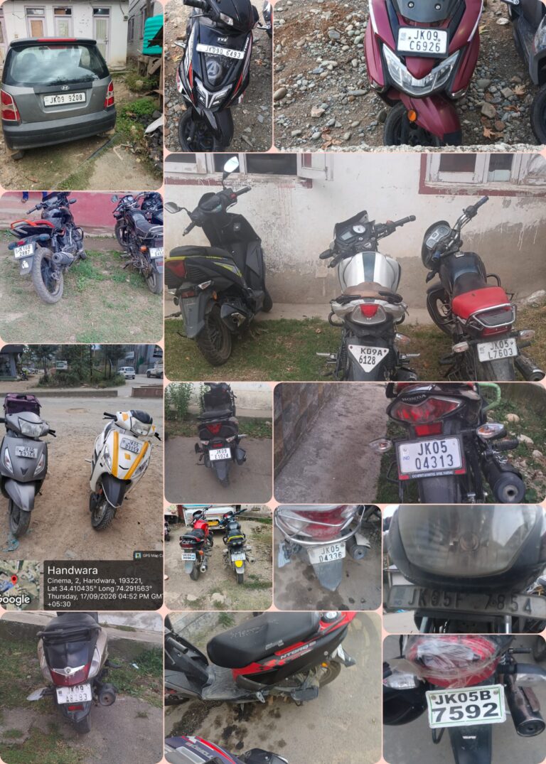 HANDWARA POLICE SEIZED NINETEEN MOTOR BIKES AND ONE VEHICLES FOR VIOLATION OF TRAFFIC RULES BESIDES TWENTY ONE VEHICLES HAS BEEN CHALLANED