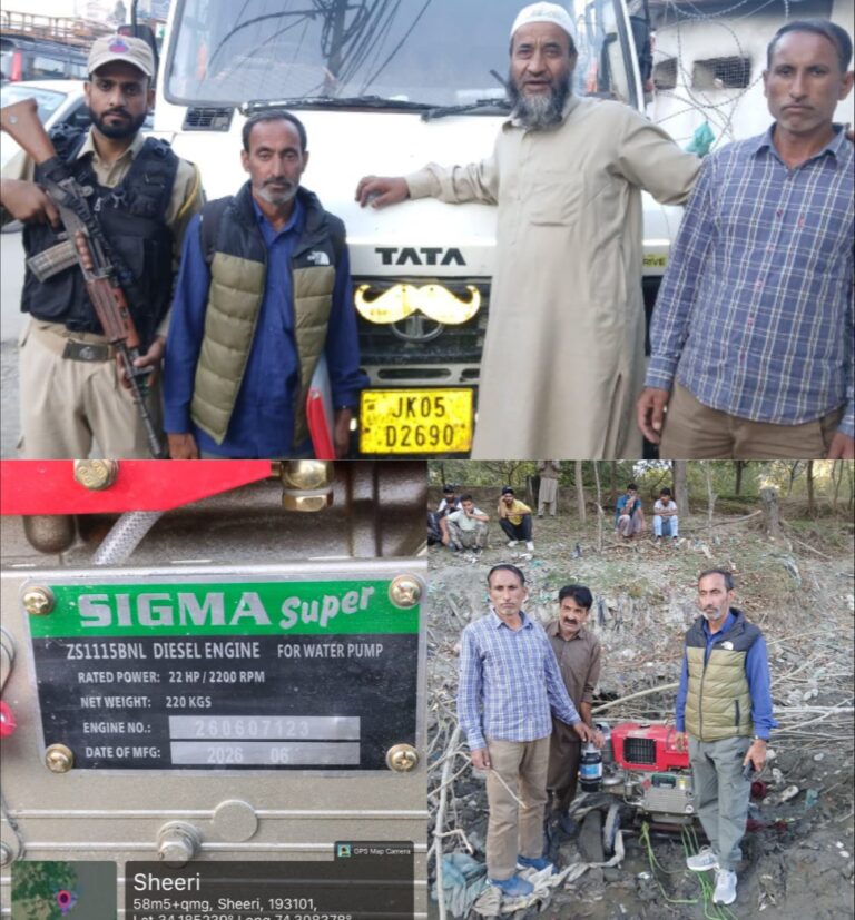 Baramulla Police intensifies action against illegal mining. Two motors seized at Veerwan Baramulla, while tipper JK05D-2690 was seized at Jetty Khawjabagh. Mining Department initiated action against violators