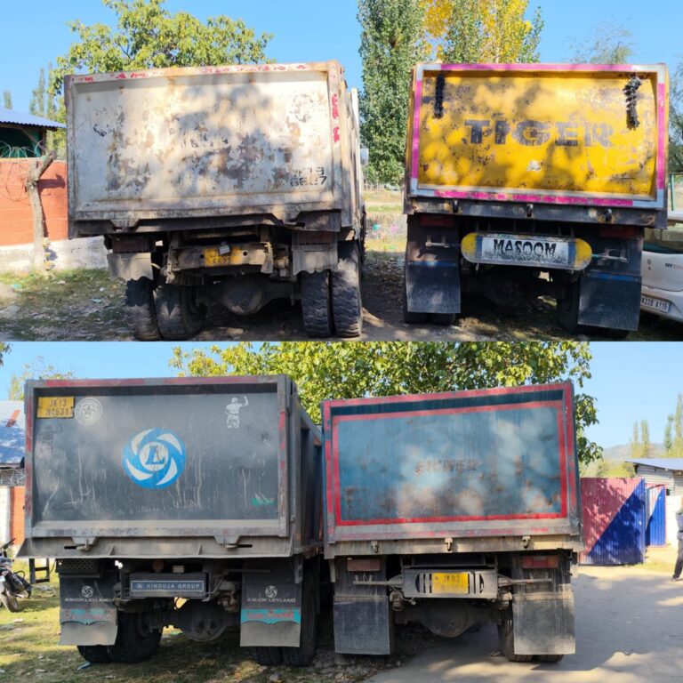 Shopian Police seized 04 dumpers involved in unauthorized mineral extraction/transportation at Berthipora