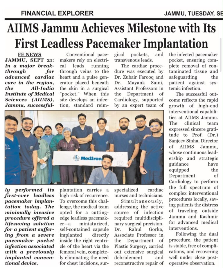 AIIMS Jammu Achieves Milestone with Its First Leadless Pacemaker Implantation