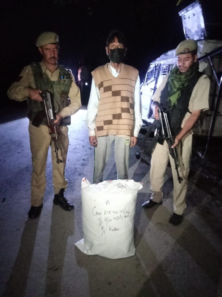 Shopian Police arrested a drug peddler at Matipora Bridge and recovered 13.264 Kgs Ganja-like substance & 04 gms Charas-like substance. FIR No. 101/2026 registered at PS Keller; investigation underway