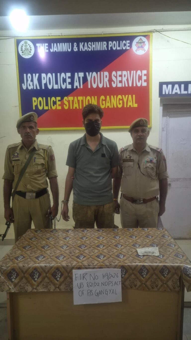 Jammu Police, during naka checking at Industrial Area, Gangyal, recovered approximately 7–8 grams of heroin-like substance from Vinal Soni. FIR No. 109/2026 registered under NDPS Act; investigation underway