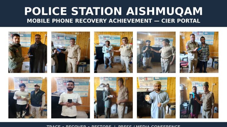 Anantnag Police recovered 11 stolen/missing mobile phones in 2026 using CEIR Portal, traced from different districts of J&K and even outside UT including UP, and handed over to rightful owners