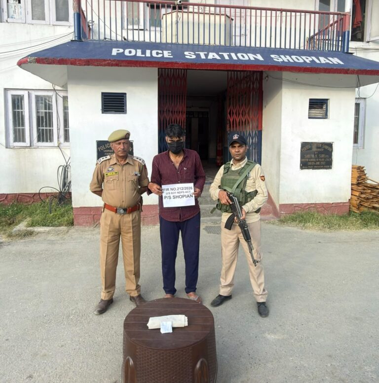 Shopian Police arrested one drug peddler of Tungdano, Kulgam during naka checking at Nadigam Kundalan Crossing and recovered 2.16 grams of heroin-like substance. FIR No. 212/2026 registered at PS Shopian; investigation underway
