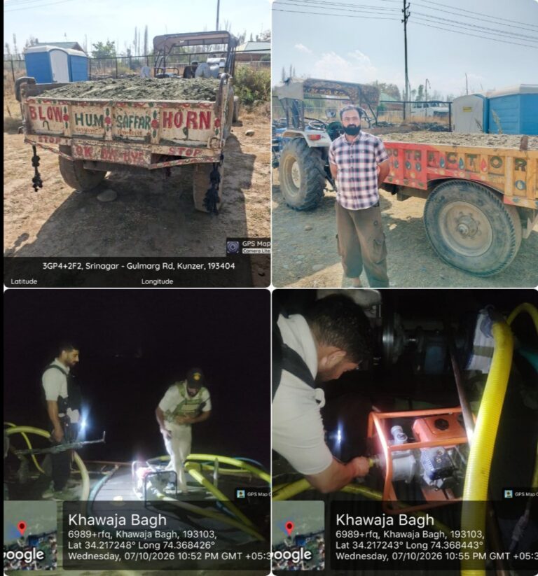 Baramulla Police intensifies action against illegal mining; 02 tractors, 02 motors and illegally extracted sand seized at Kunzer and Khawajabagh. Further action under relevant laws