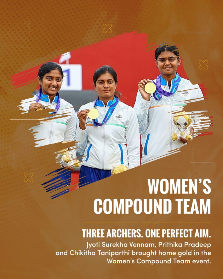 Jyoti Surekha Vennam, Prithika Pradeep and Chikitha Taniparthi combined brilliantly to win gold in the Women’s Compound Team event