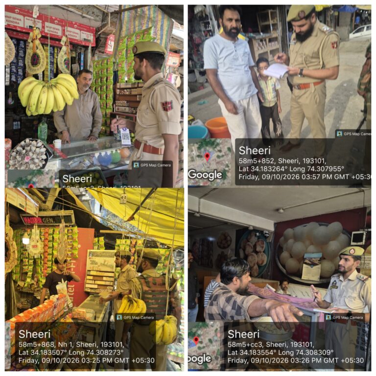 Baramulla Police conducted market checking at Sheeri, sensitised shopkeepers on CCTV installation, ensured obstruction-free footpaths, and issued challans under COTPA and the MV Act