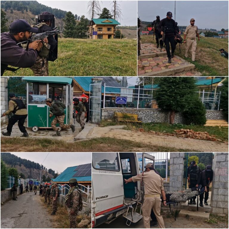 Kulgam Police conducted a counter-terrorism mock drill at the famous Aharbal Tourist Destination to assess operational readiness, response preparedness and inter-agency coordination in a simulated security scenario