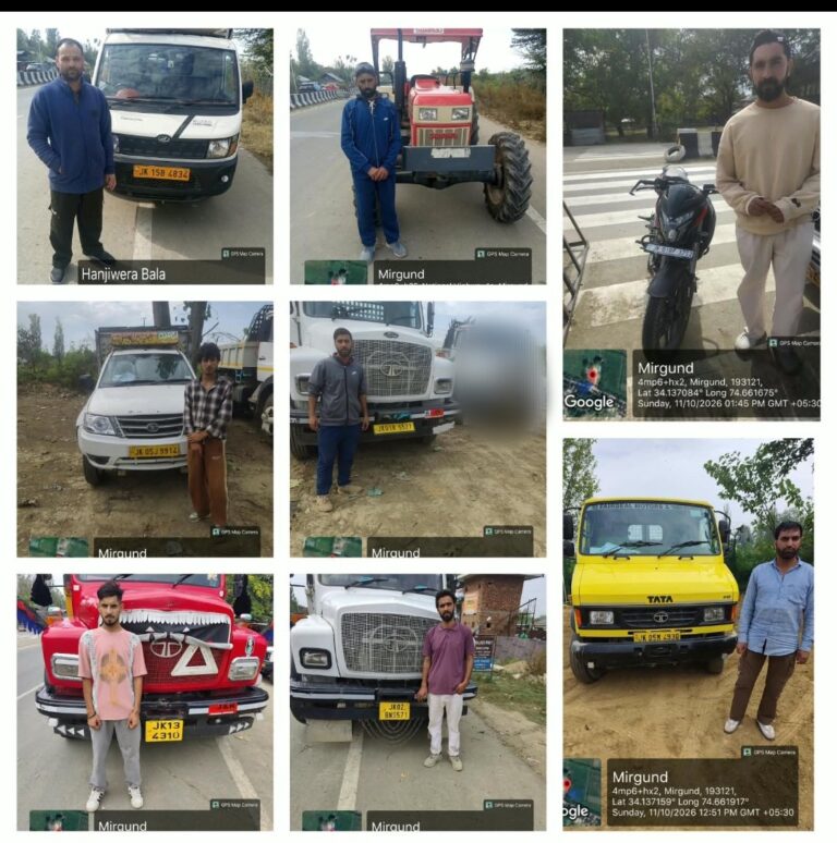 Baramulla Police seized 08 vehicles, including 04 tippers, 02 Tata Mobiles, 01 tractor and 01 motorcycle, under Section 207 MV Act during naka checking at Mirgund for document violations