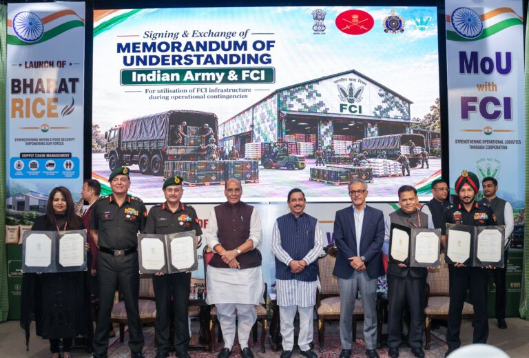 Indian Army launches ‘Bharat Rice’ for troops in the presence of Raksha Mantri Rajnath Singh and Minister of Consumer Affairs, Food & Public Distribution Joshi Pralhad